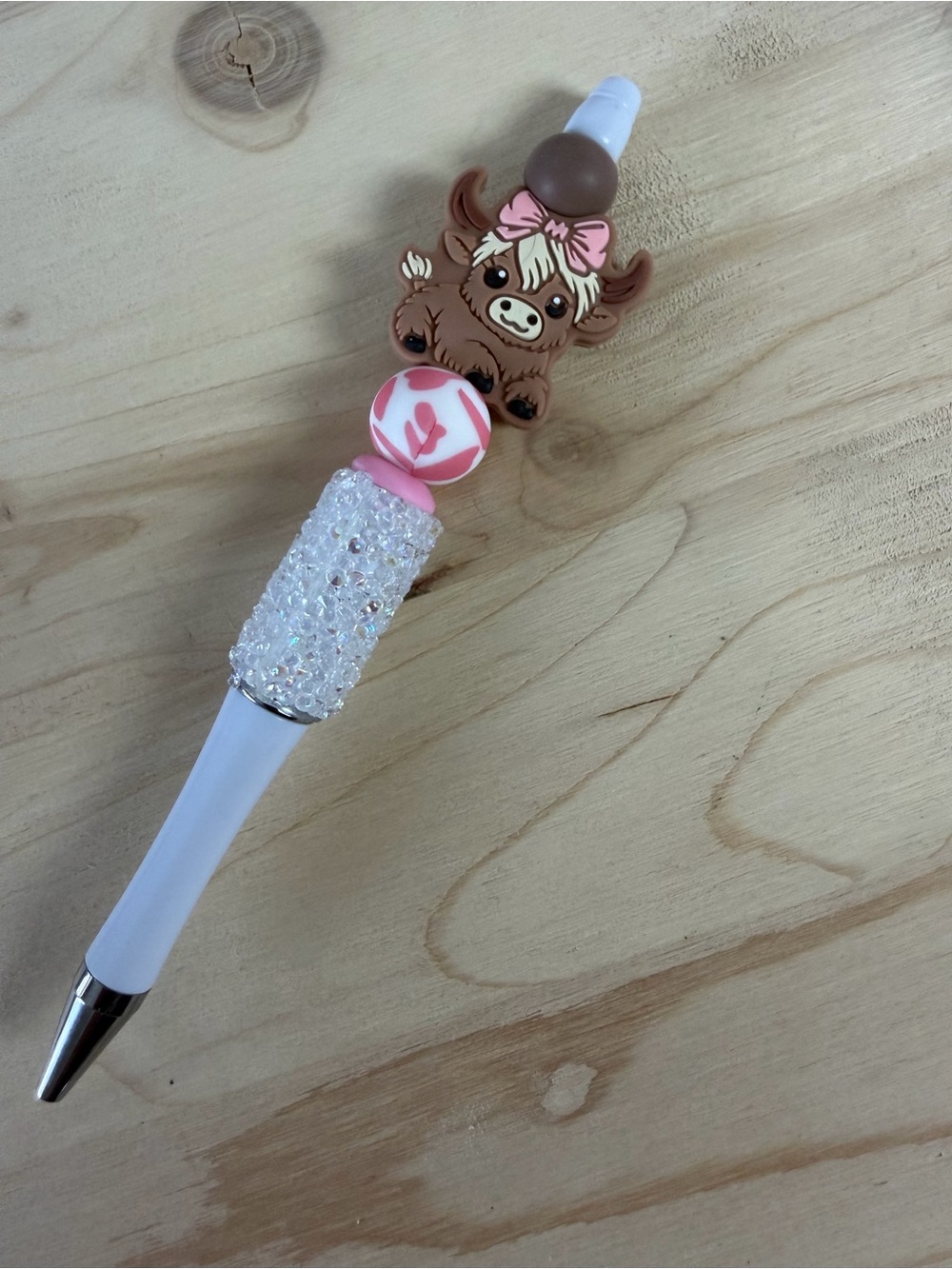 Cute Brown Highland Cow Pink Bead Pen